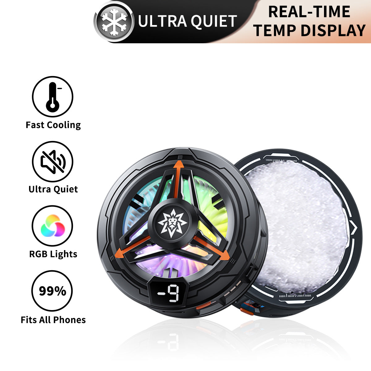 Round RGB Semiconductor Phone Cooler with Temp Display | Ultra Quiet Gaming Radiator